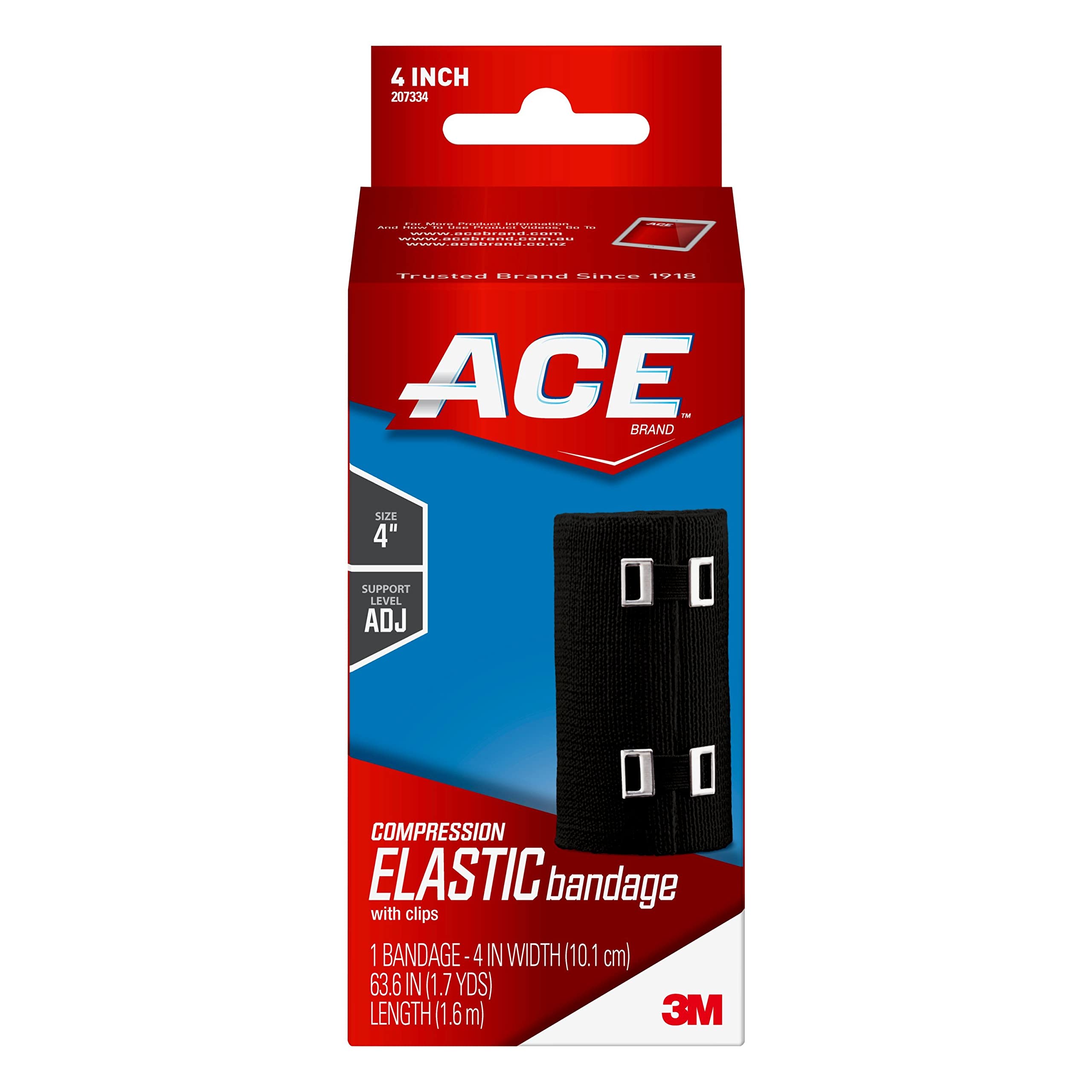ACE 4 Inch Elastic Bandage with Clips - Perfect for Leg and Shoulder Support, Black, 1 Count