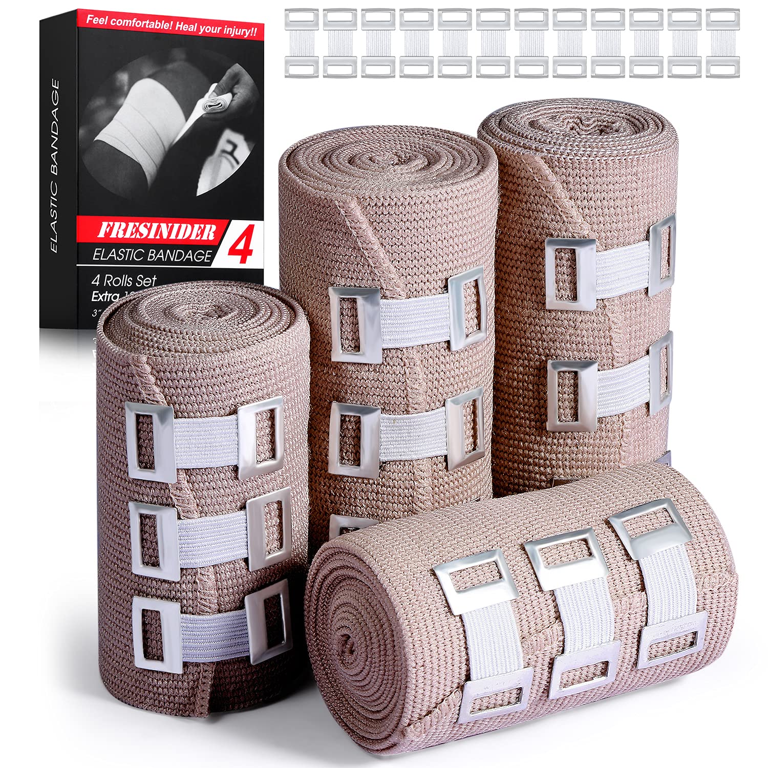 Elastic Bandage Wrap 4 Pack + 24 Clips | Stretch Compression Bandage Stretches up to 15ft | Ideal for Medical & Sports U